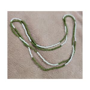 Vintage Green White Seed Beads Cold Beaded Necklace 40‎ inch Long